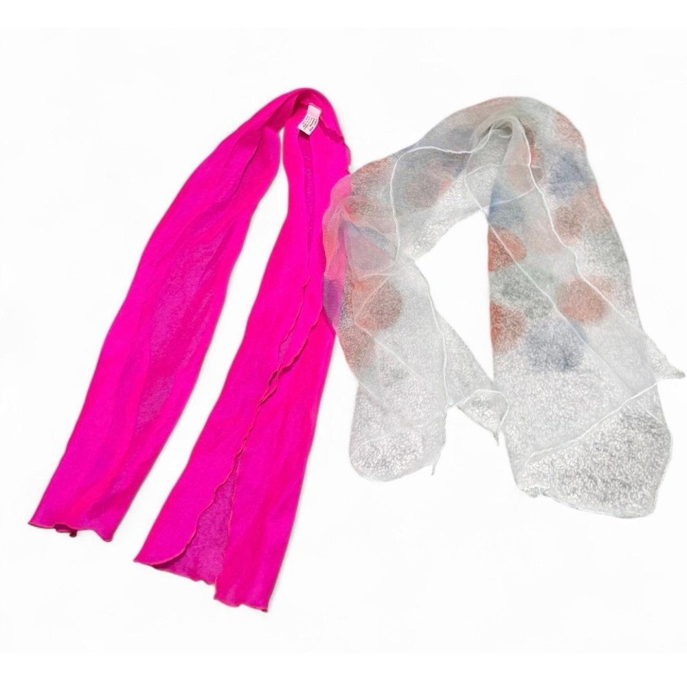 Vintage Scarf Lot 2 Sheer Chiffon Nylon Hot Pink White Polka Dot Long Y2K